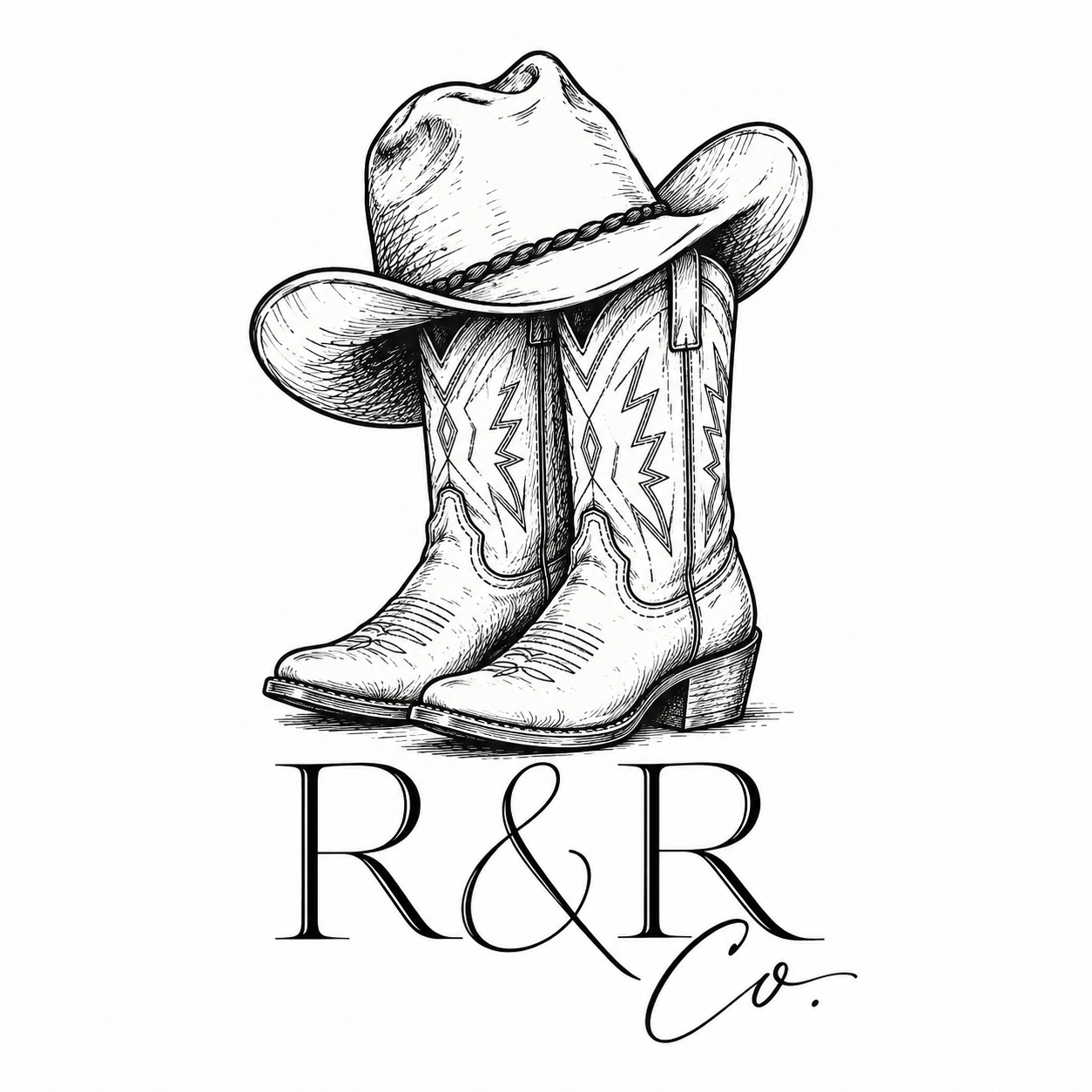 R&R Co. logo with hand-drawn cowboy boots and a cowboy hat